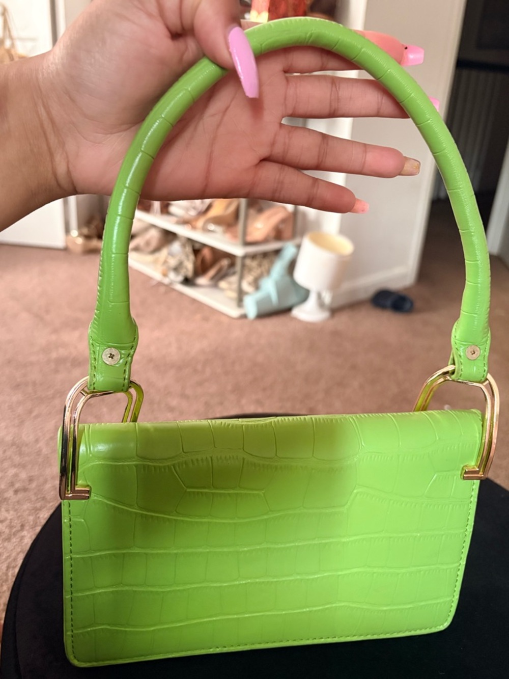 Neon Green Croc-Embossed Top-Handle Bag